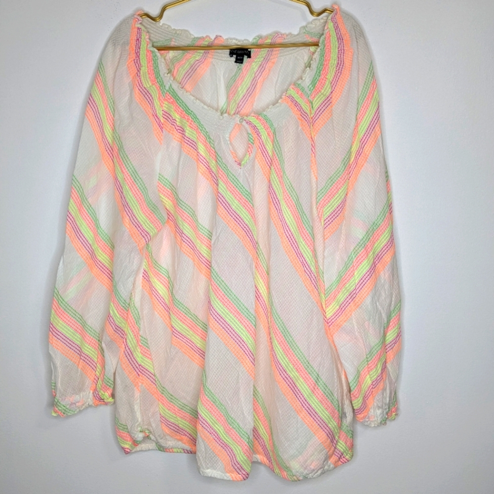 Lane Bryant Size 18/20 White & Multicolor Neon Diagonal Striped Wide Neck Tunic